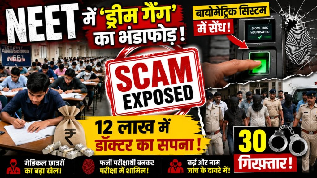 NEET में नया ‘ड्रीम गैंग’! डॉक्टर बनाने का सपना बेचकर करोड़ो की वसूली, 30 गिरफ्तार बायोमेट्रिक में सेंध, मेडिकल छात्रों का खेल! NEET री-एग्जाम में पकड़ा गया करोड़ों का सॉल्वर रैकेट