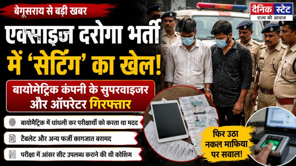 Begusarai News: एक्साइज दरोगा भर्ती परीक्षा में बड़ा फर्जीवाड़ा, बायोमेट्रिक कंपनी के सुपरवाइजर-ऑपरेटर गिरफ्तार परीक्षा केंद्र से गिरफ्तार किए गए बायोमेट्रिक कंपनी के सुपरवाइजर और ऑपरेटर के पास से बरामद टैबलेट और फर्जी दस्तावेजों की जांच करती पुलिस। सांकेतिक फोटो