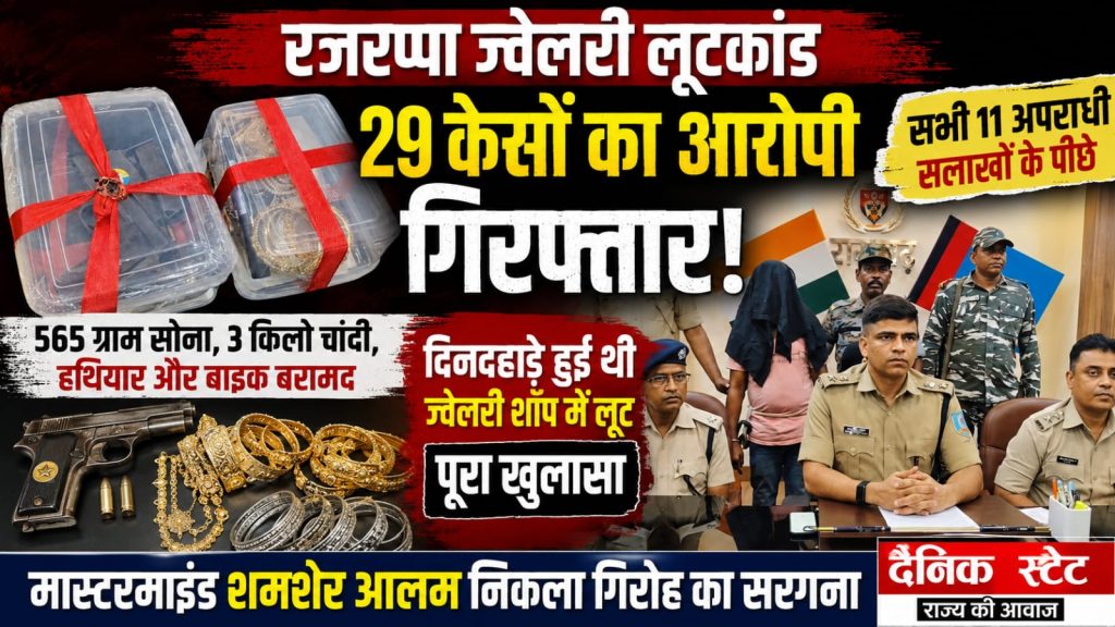 रजरप्पा ज्वेलरी लूट का पूरा खुलासा! 29 मामलों का आरोपी शमशेर आलम गिरफ्तार, सभी 11 अपराधी जेल में; रामगढ़ एसपी मुकेश कुमार लूनायत की बड़ी कामयाबी रजरप्पा ज्वेलरी लूटकांड के मुख्य आरोपी शमशेर आलम की गिरफ्तारी के बाद बरामद सोने-चांदी के आभूषण और हथियार