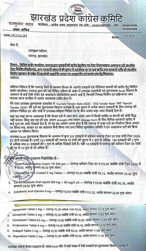 रामगढ़ सिविल सर्जन कार्यालय दवा टेंडर में असामान्य दरों को लेकर राजकुमार यादव की शिकायत